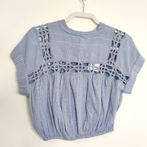 FREE PEOPLE Cedar Lace Trim Popover Blue Blouse NWT XS - Picture 5 of 10
